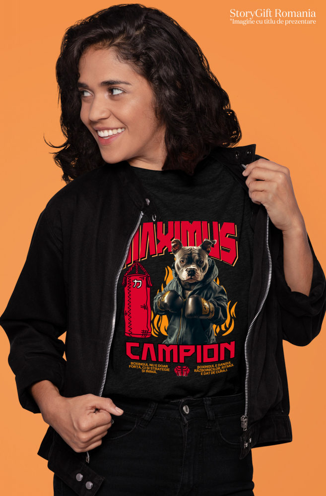 Tricou Femei cu Animal Boxer In Hanorac, Sac de Box, Flacari, Peronalizata cu Numele si Poza Animalului Tau cu imprimeu pe Fata, 100% Bumbac, Negru, XS [2]