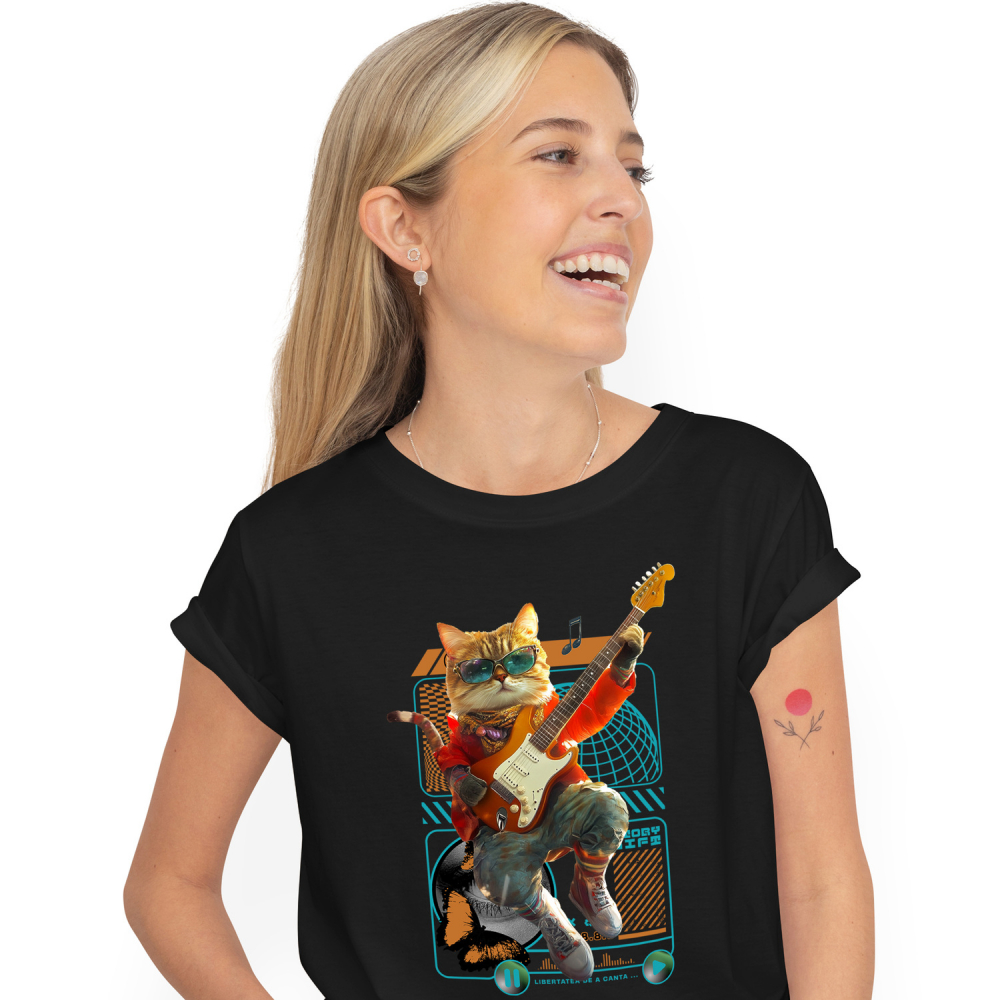 Tricou Femei cu Animal Cantand la Chitara, Peronalizata cu Numele si Poza Animalului Tau cu imprimeu pe Fata, 100% Bumbac, Negru, XS [1]