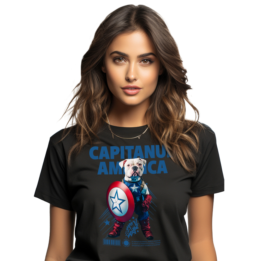Tricou Femei cu Animal Capitanul America, Peronalizata cu Numele si Poza Animalului Tau cu imprimeu pe Fata, 100% Bumbac, Negru, XS [1]