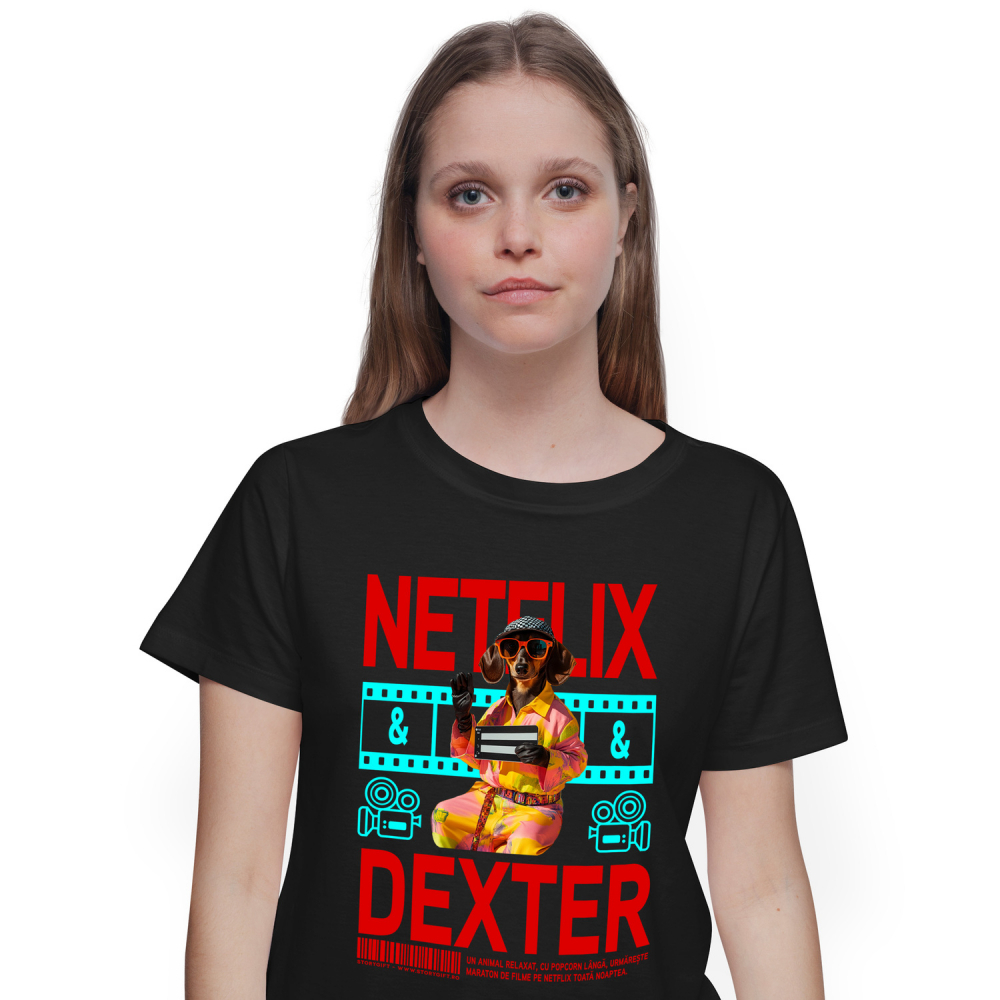 Tricou Femei cu Animal Cinefil, Peronalizata cu Numele si Poza Animalului Tau cu imprimeu pe Fata, 100% Bumbac, Negru, XS [1]