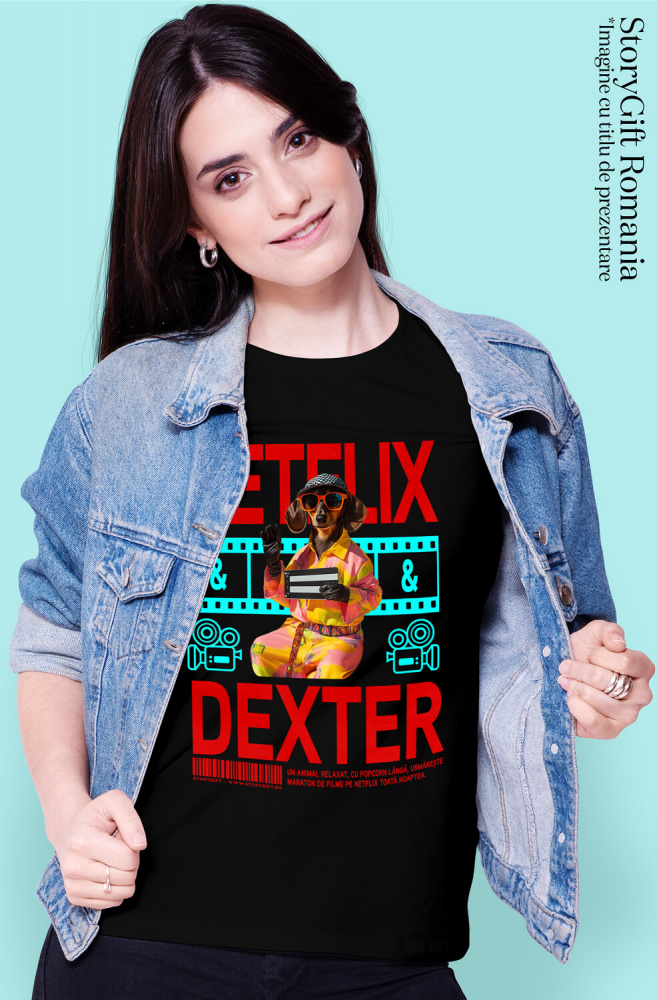 Tricou Femei cu Animal Cinefil, Peronalizata cu Numele si Poza Animalului Tau cu imprimeu pe Fata, 100% Bumbac, Negru, XS [2]