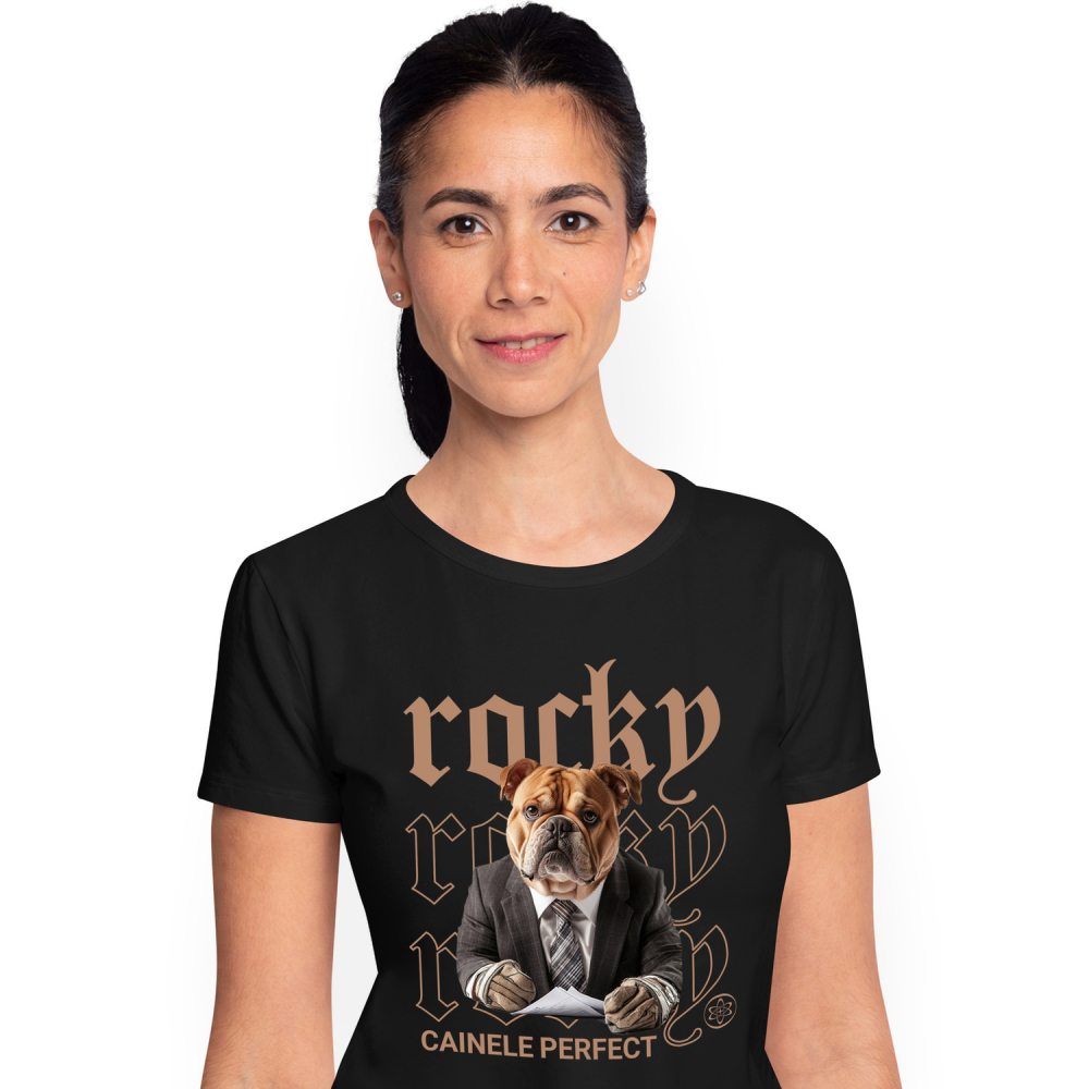 Tricou Femei cu Animal Contabil in Costum, Peronalizata cu Numele si Poza Animalului Tau cu imprimeu pe Fata, 100% Bumbac, Negru, S [1]