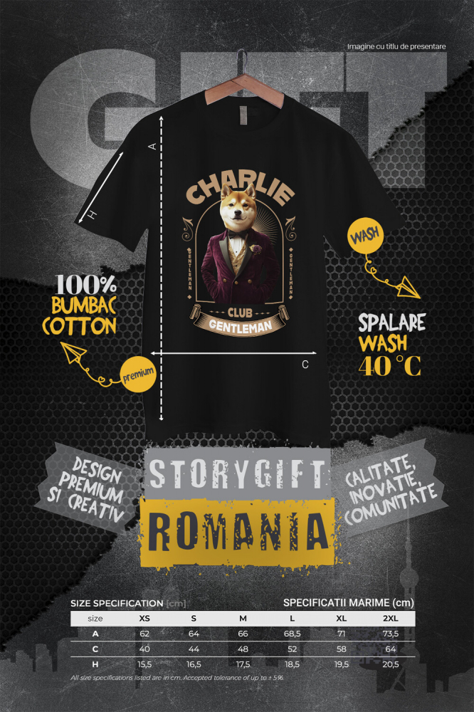 Tricou Femei cu Animal Gentleman in Costum, Camasa, Papion si Floare Trandfir, Peronalizata cu Numele si Poza Animalului Tau cu imprimeu pe Fata, 100% Bumbac, Negru, XS [4]