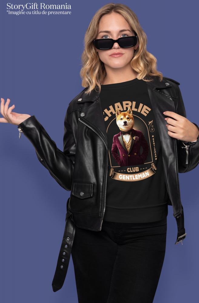 Tricou Femei cu Animal Gentleman in Costum, Camasa, Papion si Floare Trandfir, Peronalizata cu Numele si Poza Animalului Tau cu imprimeu pe Fata, 100% Bumbac, Negru, XS [2]