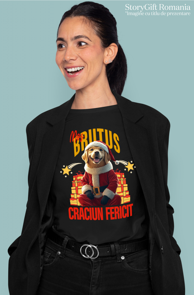 Tricou Femei cu Animal Imbracat in Haine de Craciun, Cadouri, Peronalizata cu Numele si Poza Animalului Tau cu imprimeu pe Fata, 100% Bumbac, Negru, XS [2]