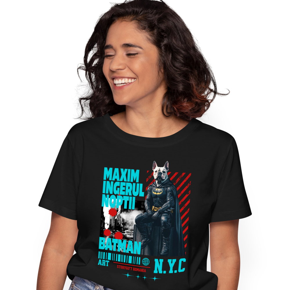 Tricou Femei cu Animal In Costum de Batman pe Strazile din New York City, Peronalizata cu Numele si Poza Animalului Tau cu imprimeu pe Fata, 100% Bumbac, Negru, XS [1]
