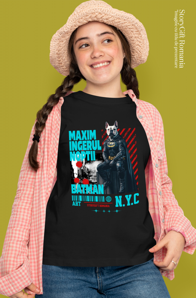 Tricou Femei cu Animal In Costum de Batman pe Strazile din New York City, Peronalizata cu Numele si Poza Animalului Tau cu imprimeu pe Fata, 100% Bumbac, Negru, XS [2]