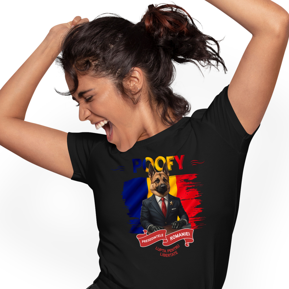 Tricou Femei cu Animal In Costum de Presedinte, Steagul Romaniei, Peronalizata cu Numele si Poza Animalului Tau cu imprimeu pe Fata, 100% Bumbac, Negru, XS [1]