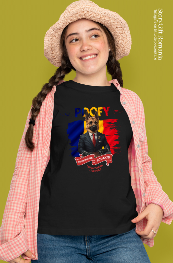 Tricou Femei cu Animal In Costum de Presedinte, Steagul Romaniei, Peronalizata cu Numele si Poza Animalului Tau cu imprimeu pe Fata, 100% Bumbac, Negru, XS [2]