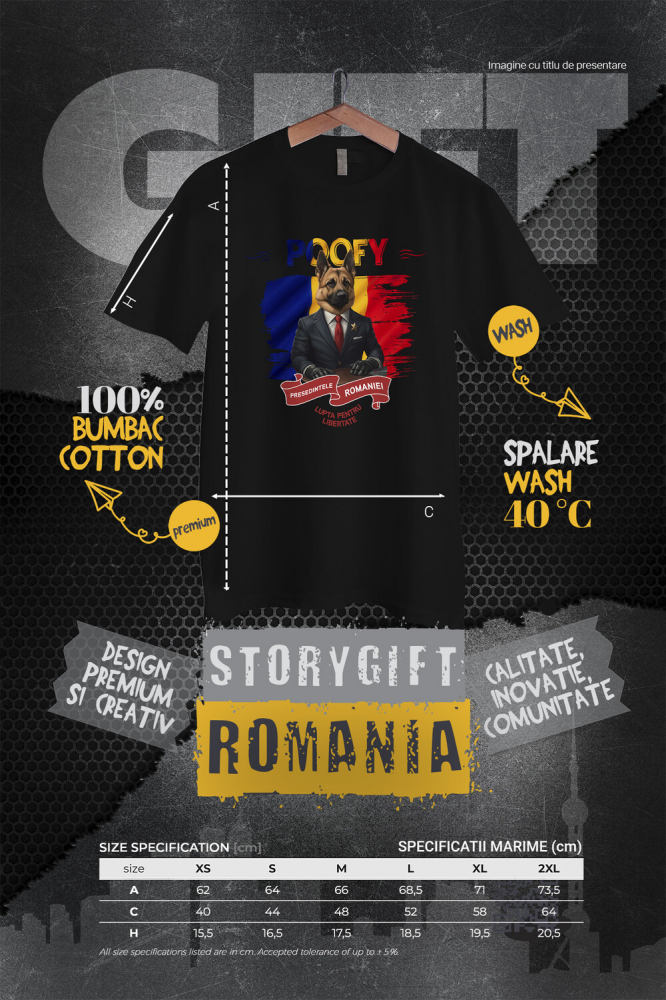 Tricou Femei cu Animal In Costum de Presedinte, Steagul Romaniei, Peronalizata cu Numele si Poza Animalului Tau cu imprimeu pe Fata, 100% Bumbac, Negru, XS [4]