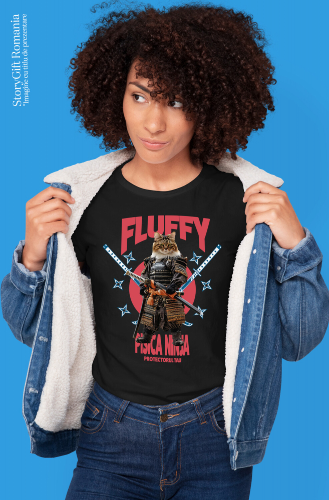 Tricou Femei cu Animal In Costum de Samurai cu Sabie, Peronalizata cu Numele si Poza Animalului Tau cu imprimeu pe Fata, 100% Bumbac, Negru, XS [2]