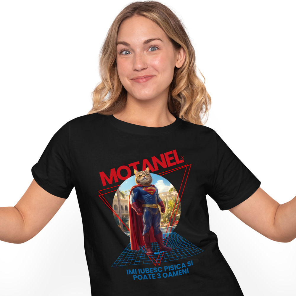 Tricou Femei cu Animal in Costum de Super Erou, Superman, Peronalizata cu Numele si Poza Animalului Tau cu imprimeu pe Fata, 100% Bumbac, Negru, XS [1]