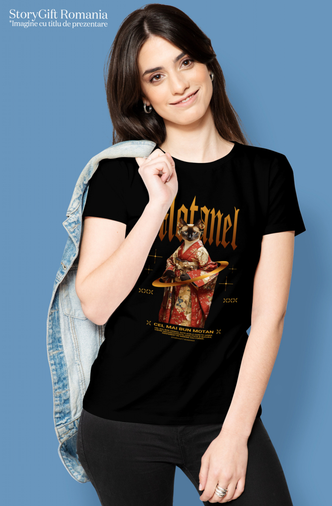 Tricou Femei cu Animal In Costum Japonez, Peronalizata cu Numele si Poza Animalului Tau cu imprimeu pe Fata, 100% Bumbac, Negru, M [2]