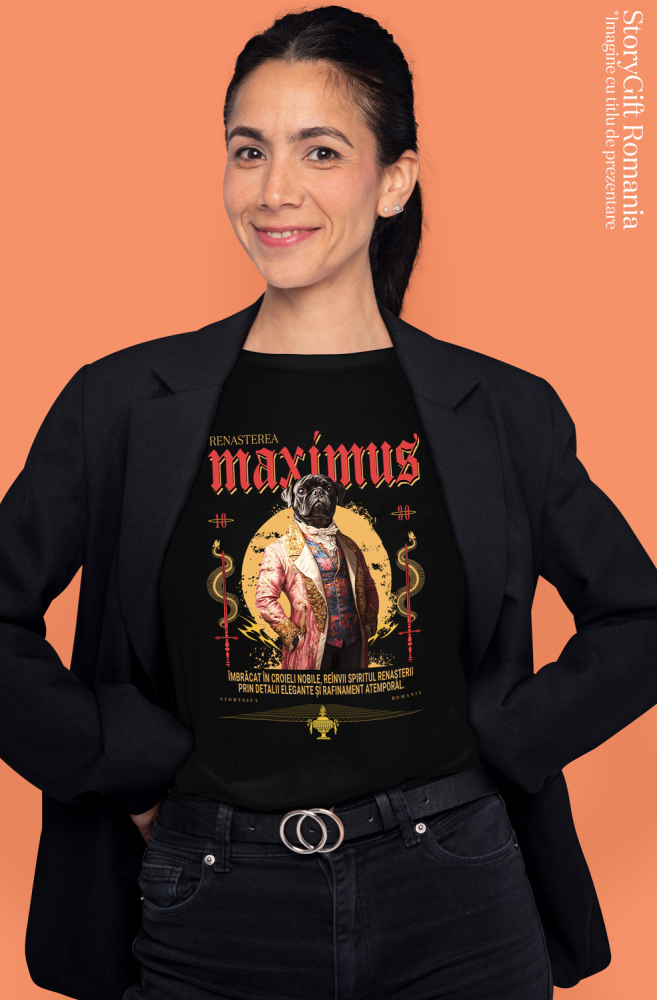 Tricou Femei cu Animal In Costum Medieval, Portret, Peronalizata cu Numele si Poza Animalului Tau cu imprimeu pe Fata, 100% Bumbac, Negru, XS [2]