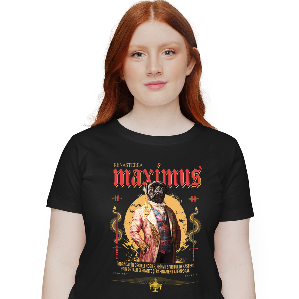 Tricou Femei cu Animal In Costum Medieval, Portret, Peronalizata cu Numele si Poza Animalului Tau cu imprimeu pe Fata, 100% Bumbac, Negru, XS [1]