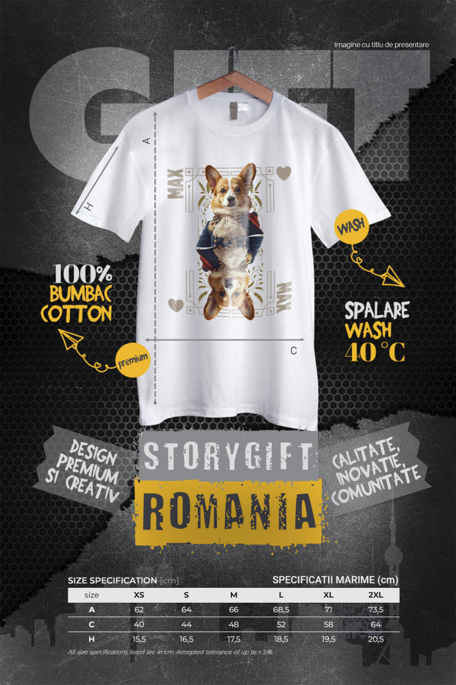Tricou Femei cu Animal In Costum Regal, Carte de Joc, Inima, Peronalizata cu Numele si Poza Animalului Tau cu imprimeu pe Fata, 100% Bumbac, Alb, S [4]