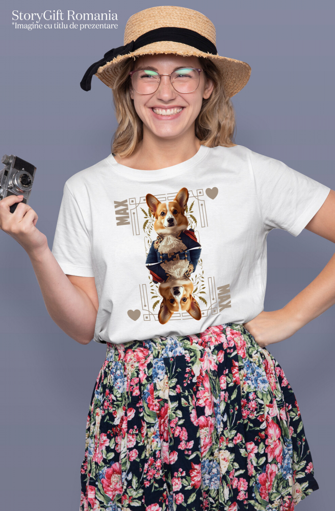 Tricou Femei cu Animal In Costum Regal, Carte de Joc, Inima, Peronalizata cu Numele si Poza Animalului Tau cu imprimeu pe Fata, 100% Bumbac, Alb, S [2]