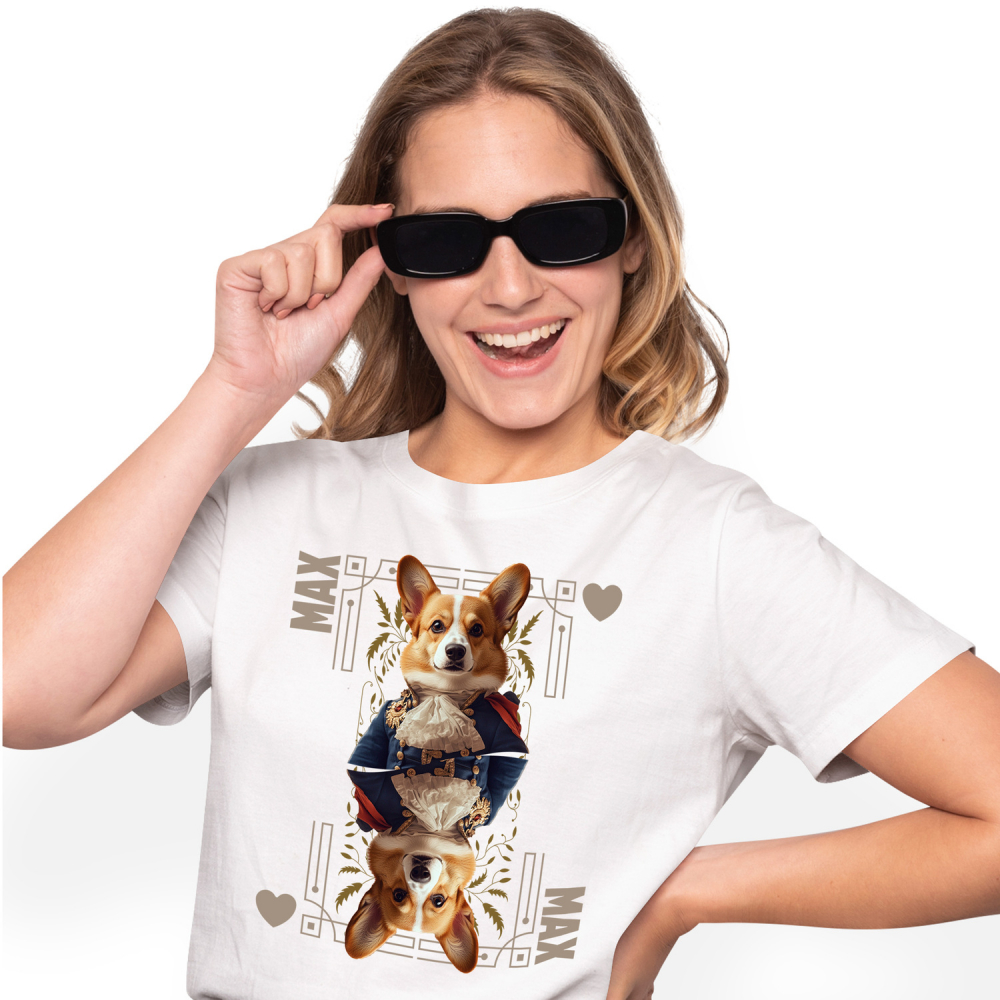 Tricou Femei cu Animal In Costum Regal, Carte de Joc, Inima, Peronalizata cu Numele si Poza Animalului Tau cu imprimeu pe Fata, 100% Bumbac, Alb, S [1]