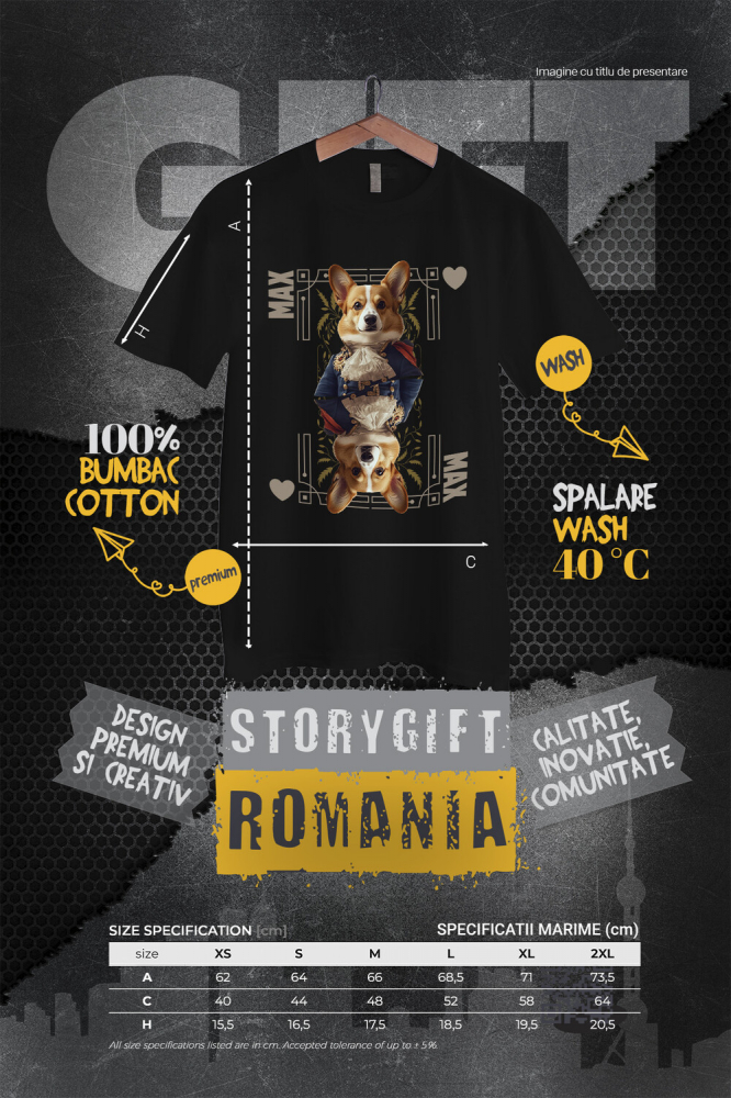 Tricou Femei cu Animal In Costum Regal, Carte de Joc, Inima, Peronalizata cu Numele si Poza Animalului Tau cu imprimeu pe Fata, 100% Bumbac, Negru, XS [4]