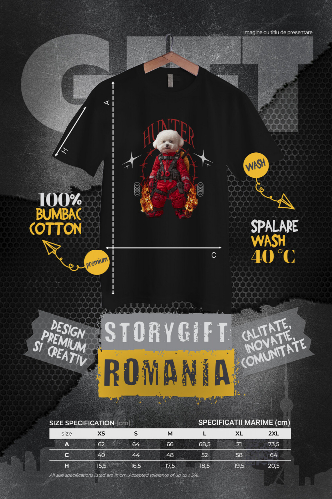 Tricou Femei cu Animal In Costum Rosu Similar cu Deadpool, Flacari, Peronalizata cu Numele si Poza Animalului Tau cu imprimeu pe Fata, 100% Bumbac, Negru, XS [4]