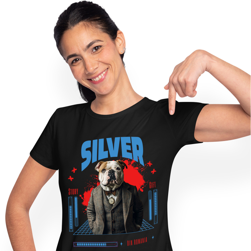 Tricou Femei cu Animal in Costum si papion, Peronalizata cu Numele si Poza Animalului Tau cu imprimeu pe Fata, 100% Bumbac, Negru, L [1]