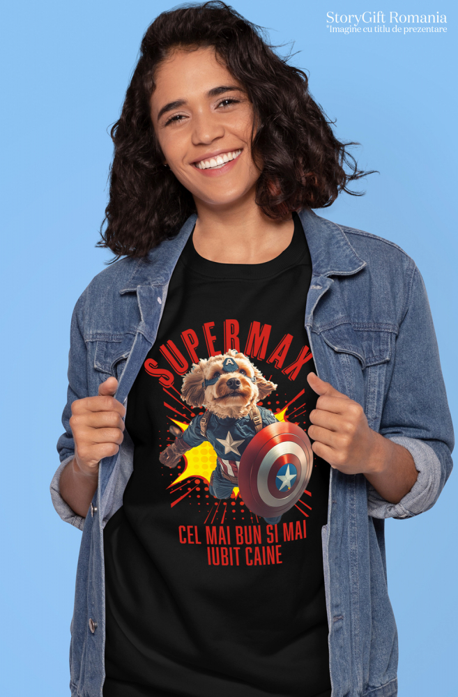 Tricou Femei cu Animal In Costumul lui Capitanul America, Zburand, Scut, Peronalizata cu Numele si Poza Animalului Tau cu imprimeu pe Fata, 100% Bumbac, Negru, XS [2]