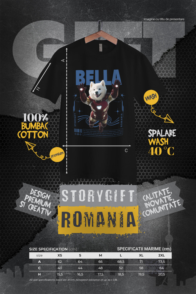 Tricou Femei cu Animal In Costumul lui Ironman, Zburand, Peronalizata cu Numele si Poza Animalului Tau cu imprimeu pe Fata, 100% Bumbac, Negru, XS [4]