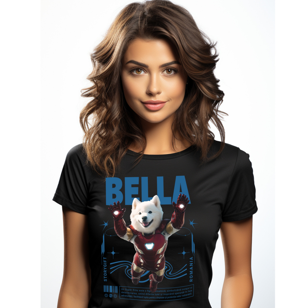 Tricou Femei cu Animal In Costumul lui Ironman, Zburand, Peronalizata cu Numele si Poza Animalului Tau cu imprimeu pe Fata, 100% Bumbac, Negru, XS [1]