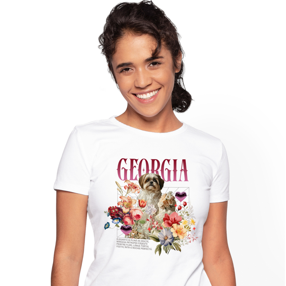 Tricou Femei cu Animal In Rochie de Mireasa cu Tort, Flori, Peronalizata cu Numele si Poza Animalului Tau cu imprimeu pe Fata, 100% Bumbac, Alb, M [1]