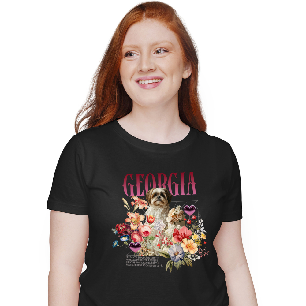 Tricou Femei cu Animal In Rochie de Mireasa cu Tort, Flori, Peronalizata cu Numele si Poza Animalului Tau cu imprimeu pe Fata, 100% Bumbac, Negru, XS [1]