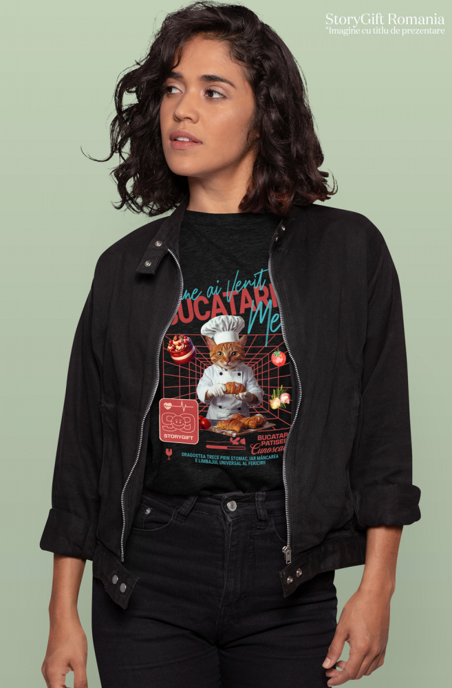 Tricou Femei cu Animal In Uniforma de Bucatar, Patiser, Peronalizata cu Numele si Poza Animalului Tau cu imprimeu pe Fata, 100% Bumbac, Negru, XS [2]