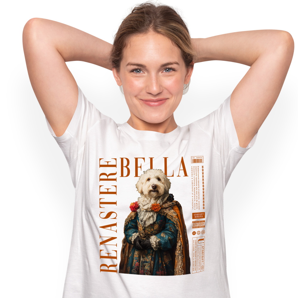 Tricou Femei cu Animal in Vesmant Regal Renascentist, Peronalizata cu Numele si Poza Animalului Tau cu imprimeu pe Fata, 100% Bumbac, Alb, S [1]