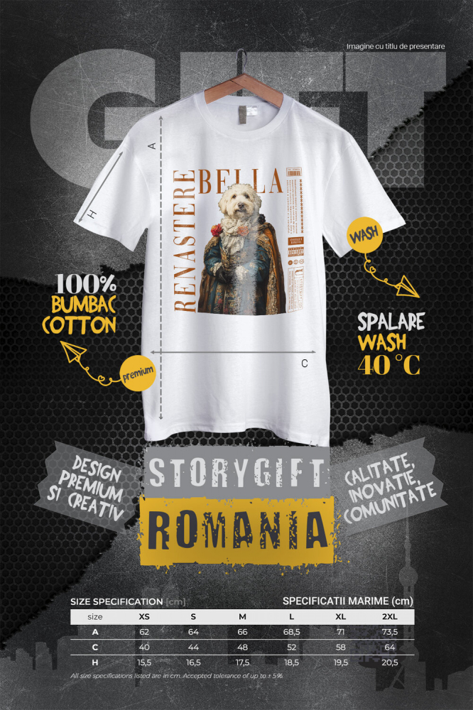 Tricou Femei cu Animal in Vesmant Regal Renascentist, Peronalizata cu Numele si Poza Animalului Tau cu imprimeu pe Fata, 100% Bumbac, Alb, S [4]