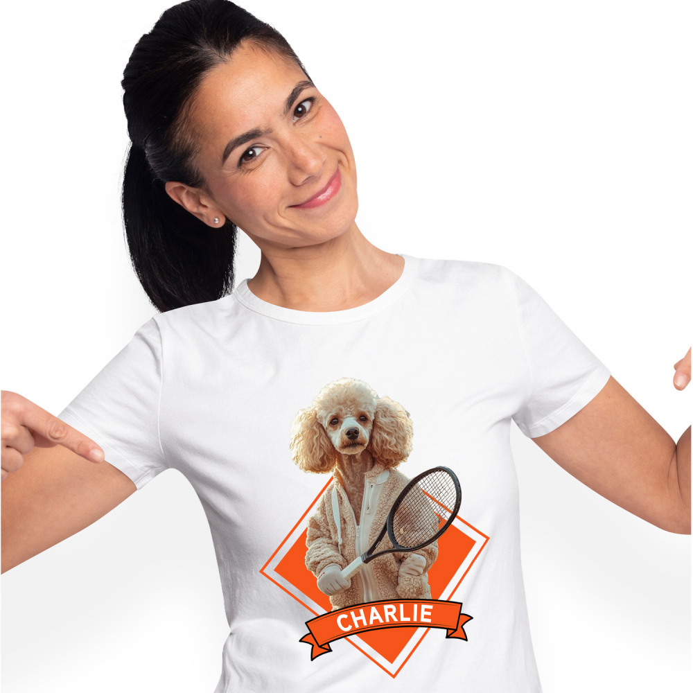 Tricou Femei cu Animal Jucator de Tenis, Peronalizata cu Numele si Poza Animalului Tau cu imprimeu pe Fata, 100% Bumbac, Alb, S [1]