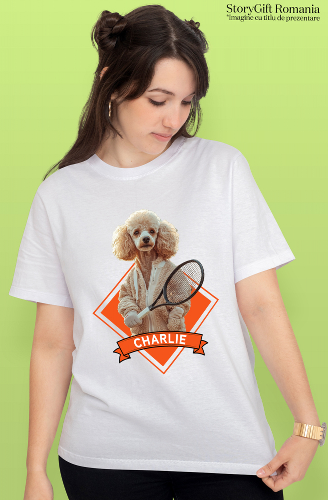 Tricou Femei cu Animal Jucator de Tenis, Peronalizata cu Numele si Poza Animalului Tau cu imprimeu pe Fata, 100% Bumbac, Alb, S [2]