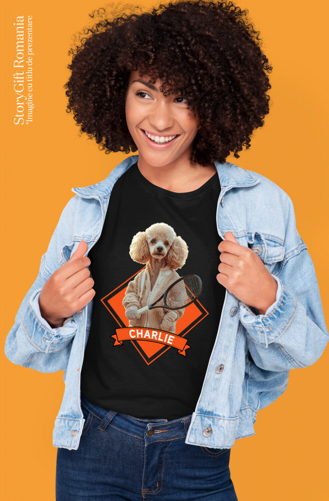 Tricou Femei cu Animal Jucator de Tenis, Peronalizata cu Numele si Poza Animalului Tau cu imprimeu pe Fata, 100% Bumbac, Negru, XS [2]