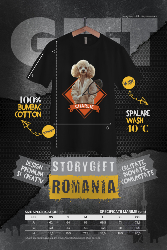 Tricou Femei cu Animal Jucator de Tenis, Peronalizata cu Numele si Poza Animalului Tau cu imprimeu pe Fata, 100% Bumbac, Negru, XS [4]