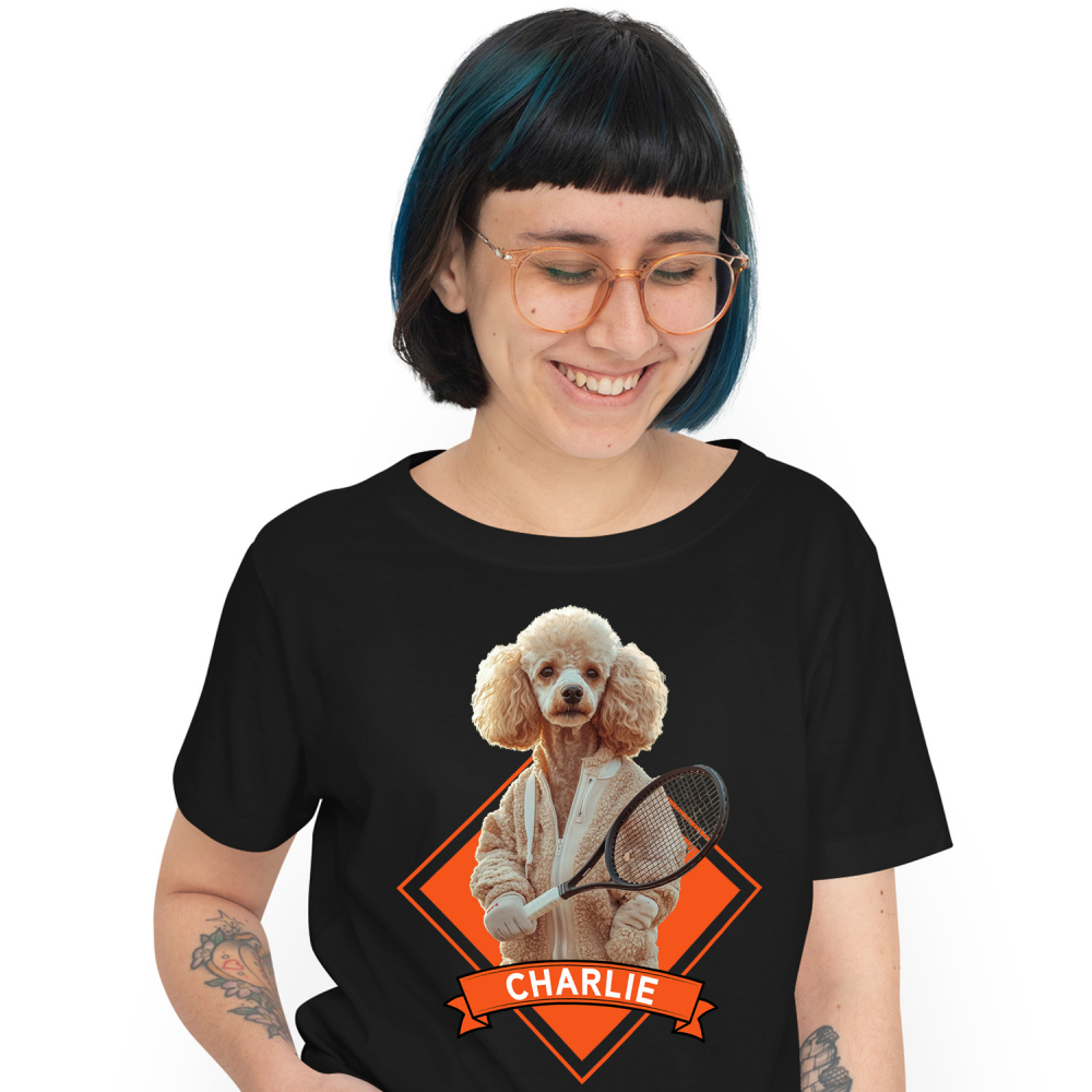 Tricou Femei cu Animal Jucator de Tenis, Peronalizata cu Numele si Poza Animalului Tau cu imprimeu pe Fata, 100% Bumbac, Negru, XS [1]