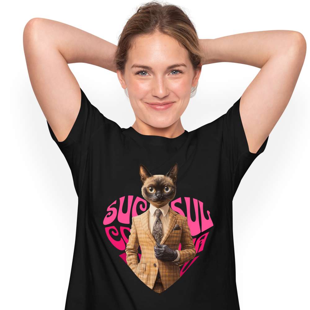 Tricou Femei cu Animal La Costum, Text in Forma de Inima , Peronalizata cu Numele si Poza Animalului Tau cu imprimeu pe Fata, 100% Bumbac, Negru, XS [1]