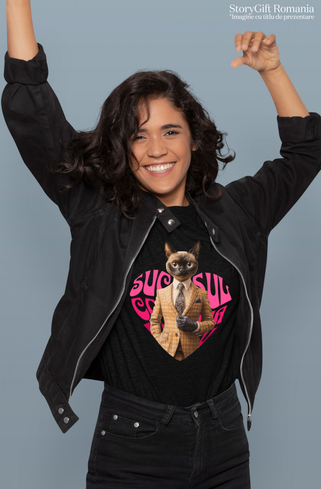 Tricou Femei cu Animal La Costum, Text in Forma de Inima , Peronalizata cu Numele si Poza Animalului Tau cu imprimeu pe Fata, 100% Bumbac, Negru, XS [2]