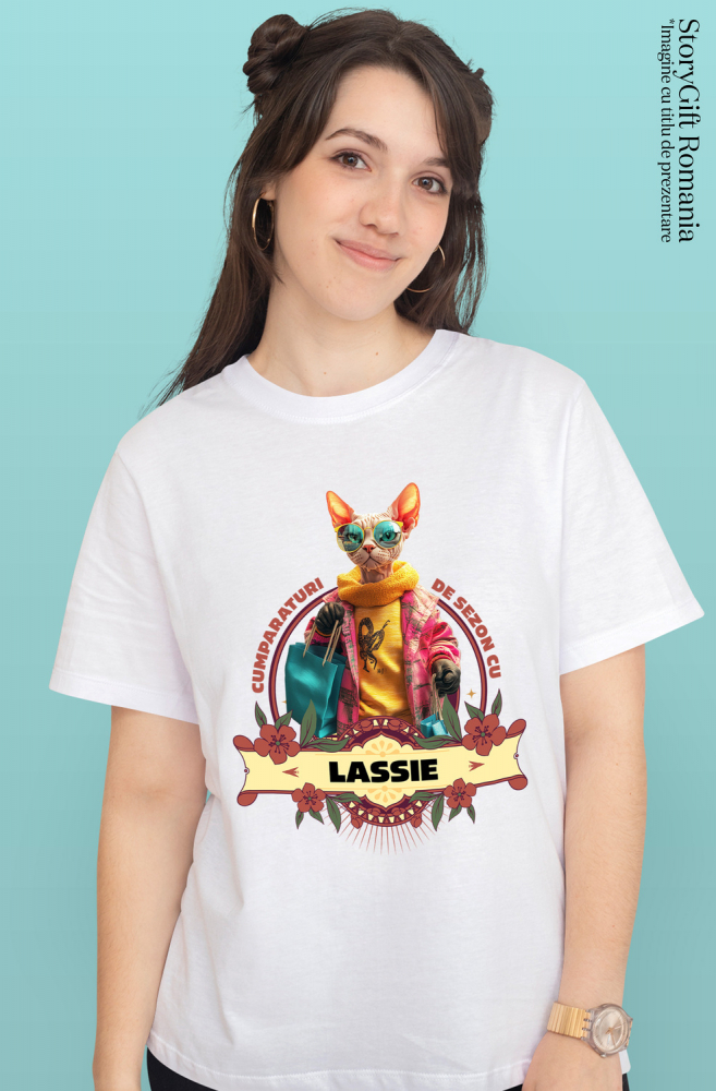 Tricou Femei cu Animal La Cumparaturi, Moda, Fashion, Peronalizata cu Numele si Poza Animalului Tau cu imprimeu pe Fata, 100% Bumbac, Alb, M [2]