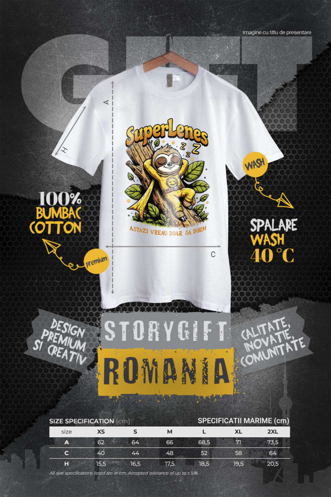 Tricou Femei, Barbati, Copii, Fata, Baiat, Unisex Personalizat Animal Lenes Dormind Pe Trunchi Copac Cu Costum Super Erou Galben – Cadou Personalizat „Astăzi Vreau Doar Să Dorm” [4]