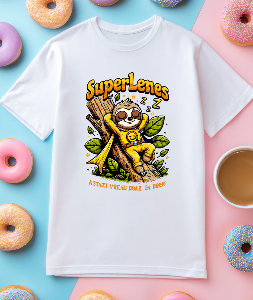 Tricou Femei, Barbati, Copii, Fata, Baiat, Unisex Personalizat Animal Lenes Dormind Pe Trunchi Copac Cu Costum Super Erou Galben – Cadou Personalizat „Astăzi Vreau Doar Să Dorm” [3]