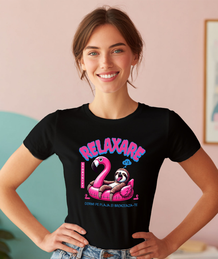 Tricou Femei, Barbati, Copii, Fata, Baiat, Unisex Personalizat Animal Leneș Pe Flamingo – Cadou Personalizat Amuzant Pentru Relaxare [2]