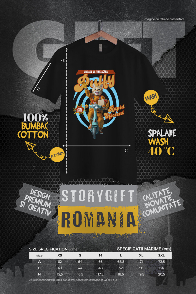 Tricou Femei cu Animal Livrator de Colete pe Scooter, Peronalizata cu Numele si Poza Animalului Tau cu imprimeu pe Fata, 100% Bumbac, Negru, XS [4]