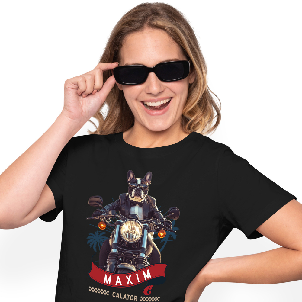 Tricou Femei cu Animal Pe Motocicleta in Costum, Peronalizata cu Numele si Poza Animalului Tau cu imprimeu pe Fata, 100% Bumbac, Negru, XS [1]