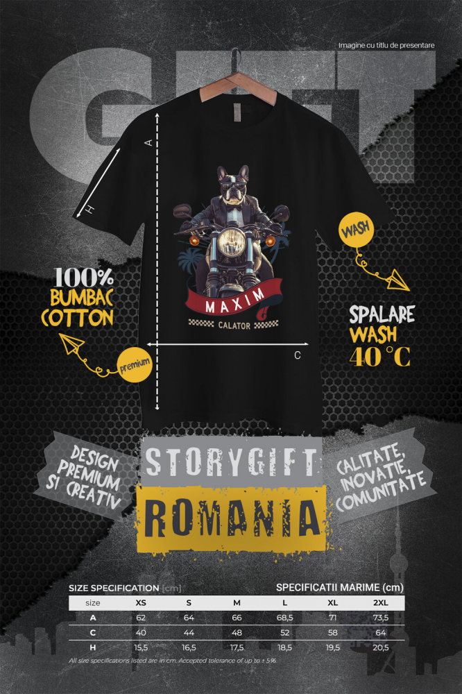 Tricou Femei cu Animal Pe Motocicleta in Costum, Peronalizata cu Numele si Poza Animalului Tau cu imprimeu pe Fata, 100% Bumbac, Negru, XS [4]