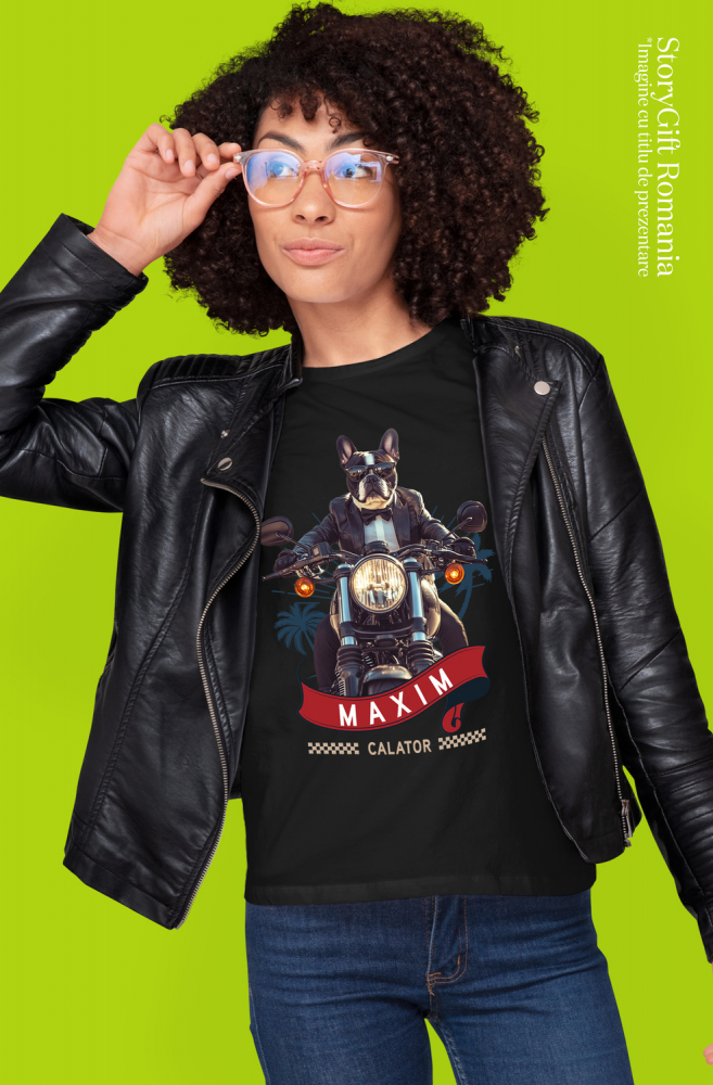 Tricou Femei cu Animal Pe Motocicleta in Costum, Peronalizata cu Numele si Poza Animalului Tau cu imprimeu pe Fata, 100% Bumbac, Negru, XS [2]