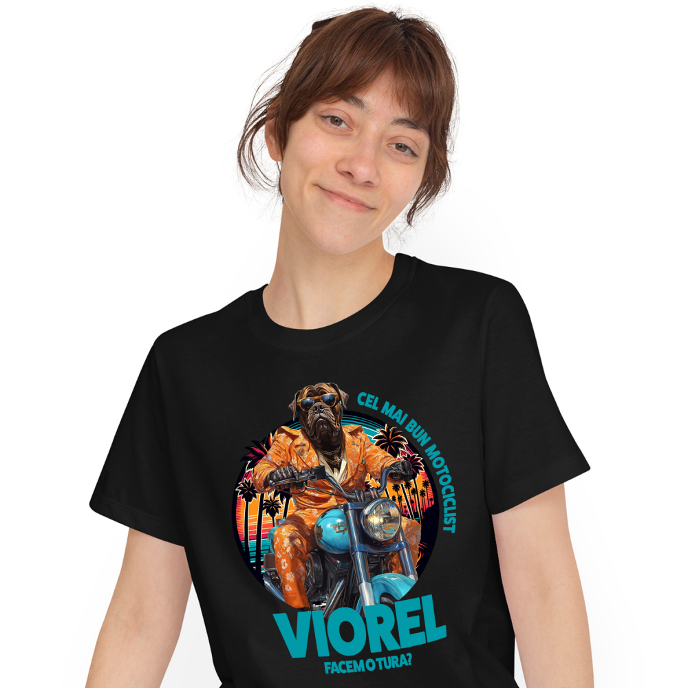 Tricou Femei cu Animal Pe Motocicleta, La Apus cu Palmieri, Peronalizata cu Numele si Poza Animalului Tau cu imprimeu pe Fata, 100% Bumbac, Negru, XS [1]