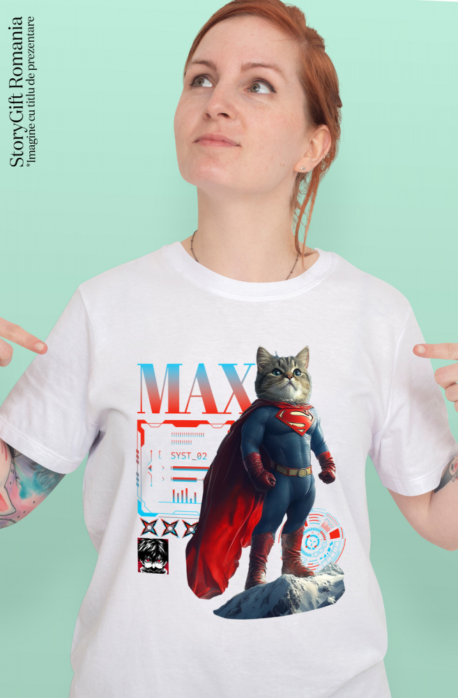 Tricou Femei cu Animal SuperMan in Varful Muntelui, Power Pose, Peronalizata cu Numele si Poza Animalului Tau cu imprimeu pe Fata, 100% Bumbac, Alb, S [2]
